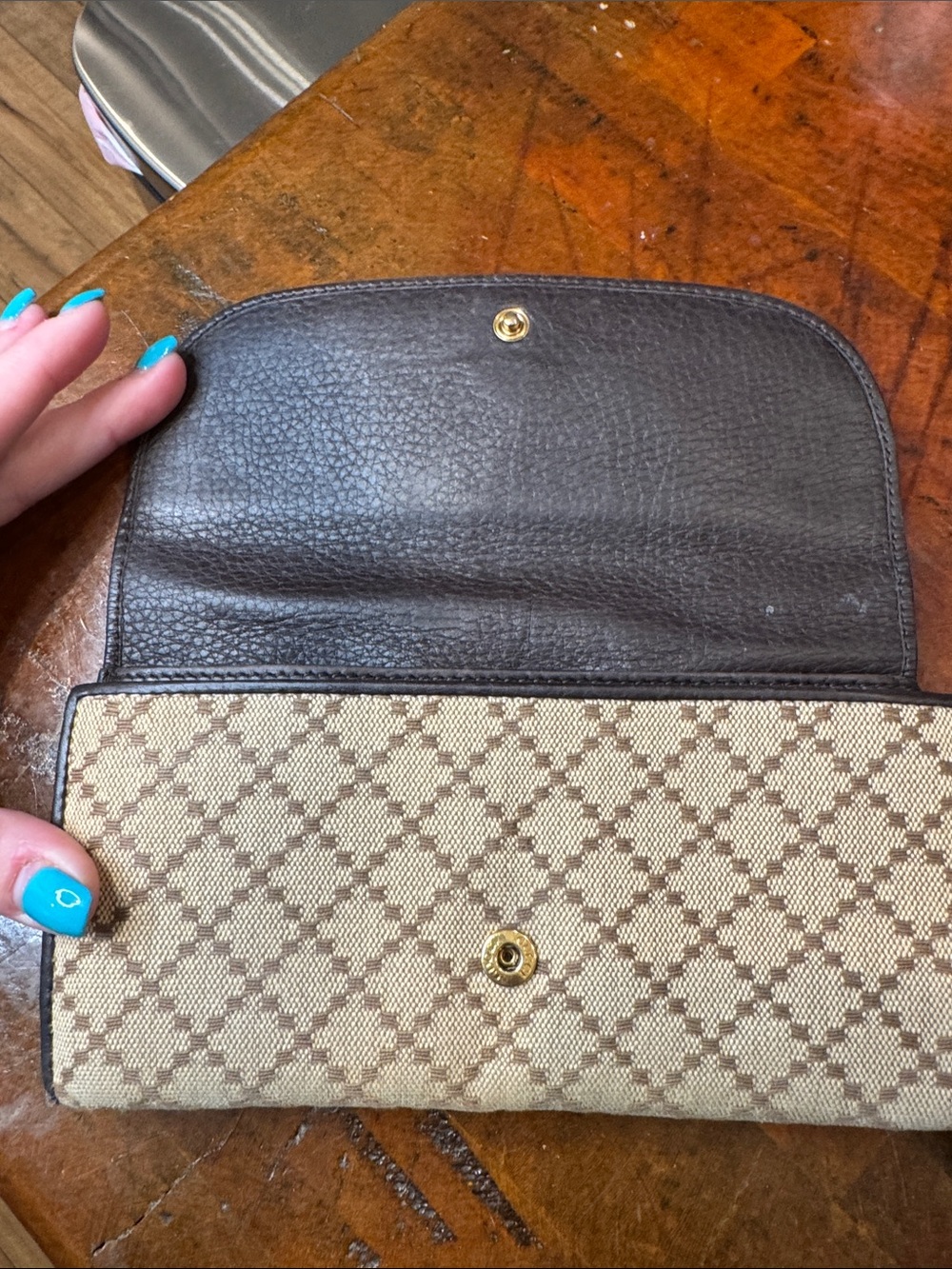 Gucci Brown Leather & Beige Monogram Continental Clutch with Gold GG - Picture 7 of 11